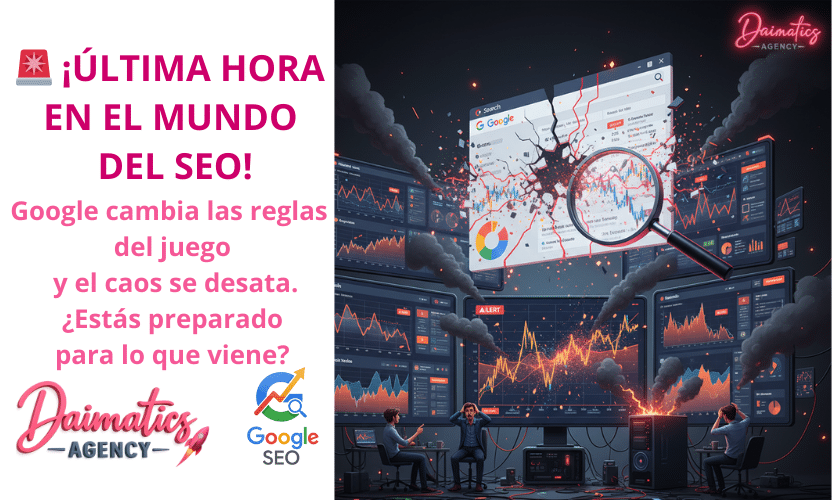 Illustration of SEO chaos caused by Google with the Daimatics logo