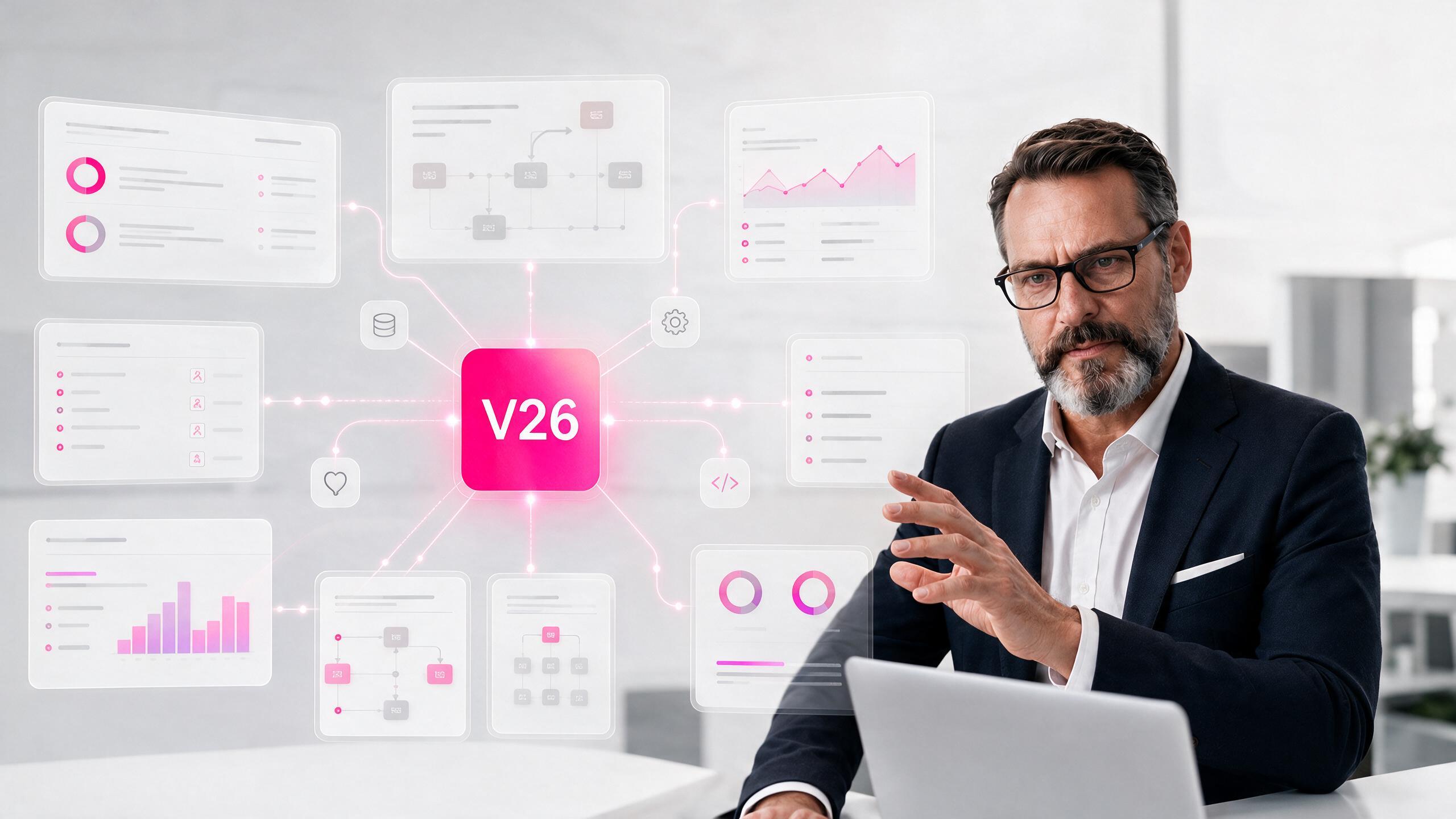 Paneles de datos flotantes alrededor del distintivo V26 de la API de Meta, con David Nogués de Daimatics
