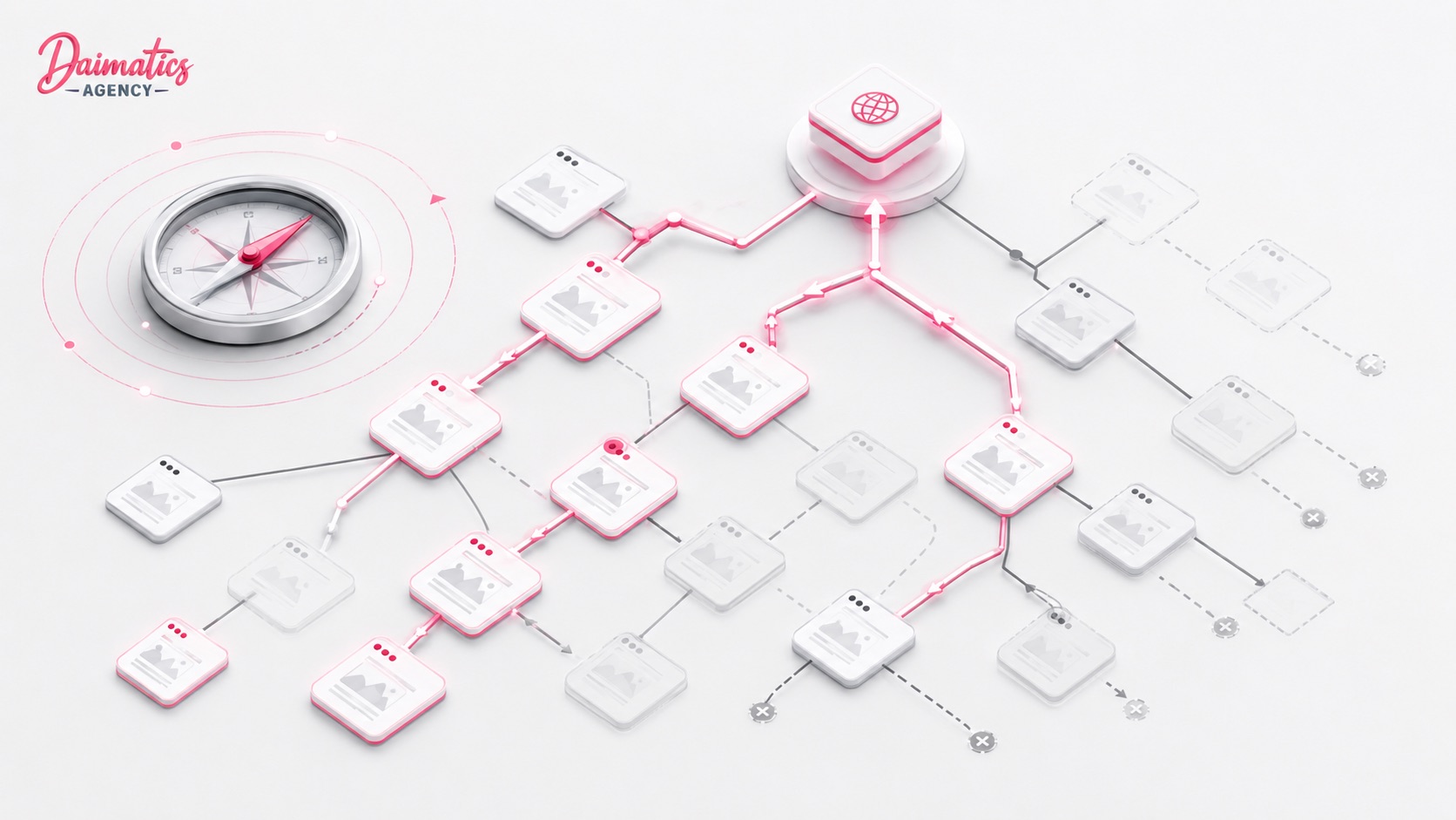 Arquitectura web con rutas de rastreo, crawl budget, páginas prioritarias y logo Daimatics