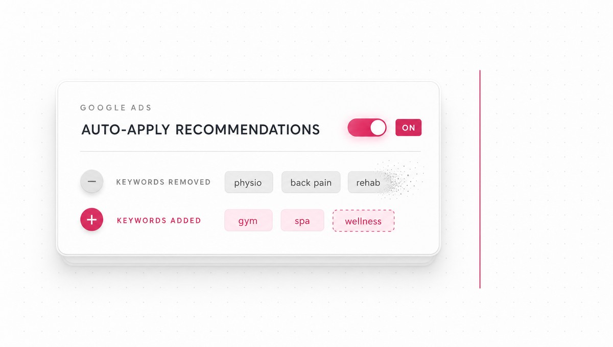La casella d'aplicar recomanacions autom&agrave;ticament de Google Ads, activada, treient i afegint paraules clau