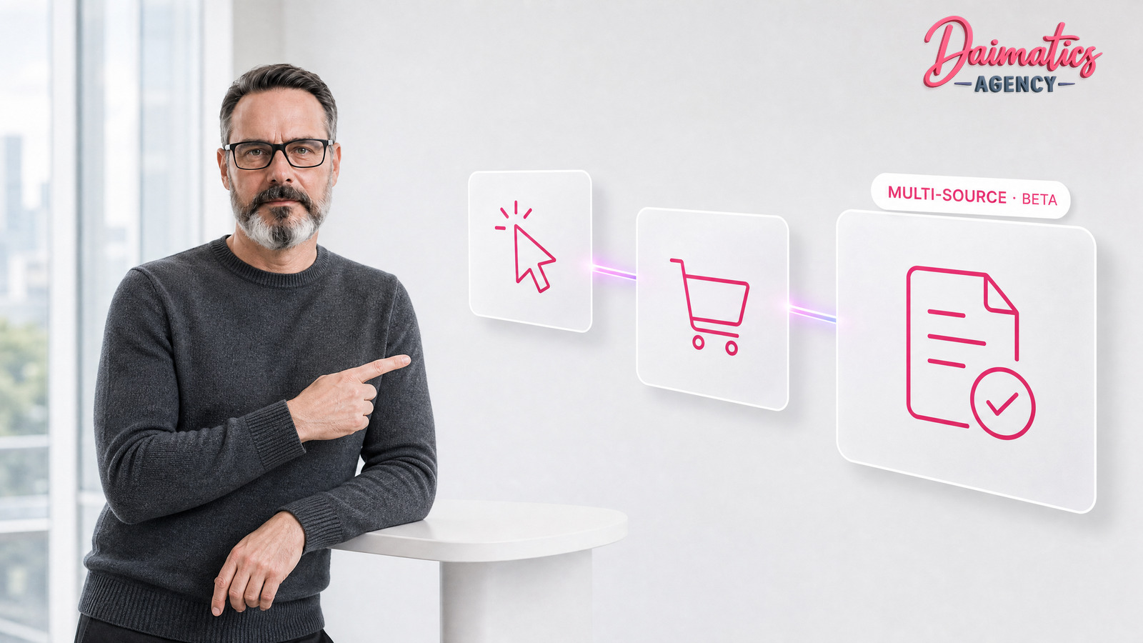 David Nogu&eacute;s junto a paneles de vidrio que conectan un clic de anuncio, un carrito de compra y un pedido real de un ecommerce