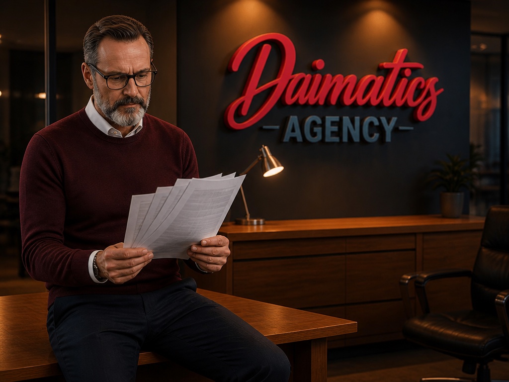 Ilustraci&oacute;n de David Nogu&eacute;s medio sentado en la mesa del despacho de Daimatics, repasando un fajo de facturas impresas