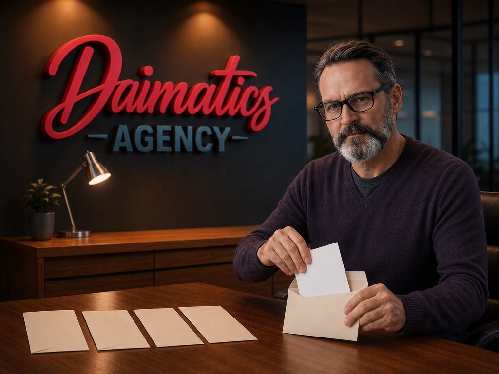 Il&middot;lustraci&oacute; de David Nogu&eacute;s assegut a la taula del despatx de Daimatics, posant una carta dins d'un sobre al costat d'una filera de sobres