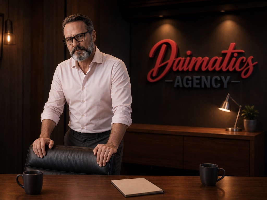 Ilustraci&oacute;n de David Nogu&eacute;s en el despacho de Daimatics, de pie detr&aacute;s de una silla vac&iacute;a preparada para una reuni&oacute;n