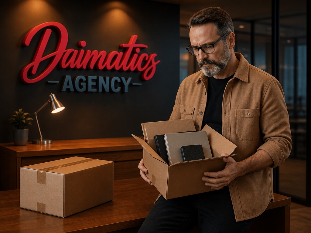 Ilustraci&oacute;n de David Nogu&eacute;s en el despacho de Daimatics, de pie con una caja de traslado abierta en las manos, revisando su contenido