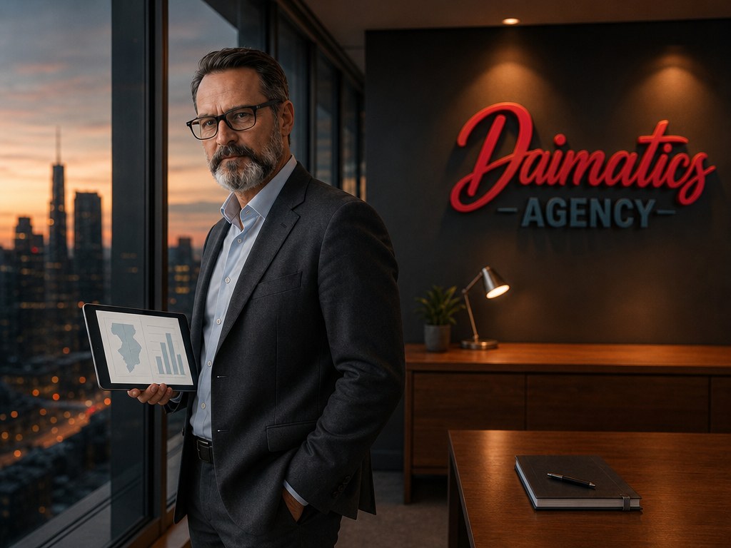David Nogu&eacute;s, fundador de Daimatics, a l'oficina amb una tauleta davant d'una finestra sobre la ciutat