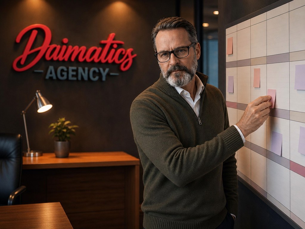 David Nogu&eacute;s, fundador de Daimatics, a l'oficina davant d'un planificador anual