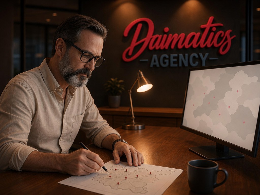 Il&middot;lustraci&oacute; de David Nogu&eacute;s al despatx, marcant punts sobre un mapa impr&egrave;s, amb un mapa abstracte a la pantalla