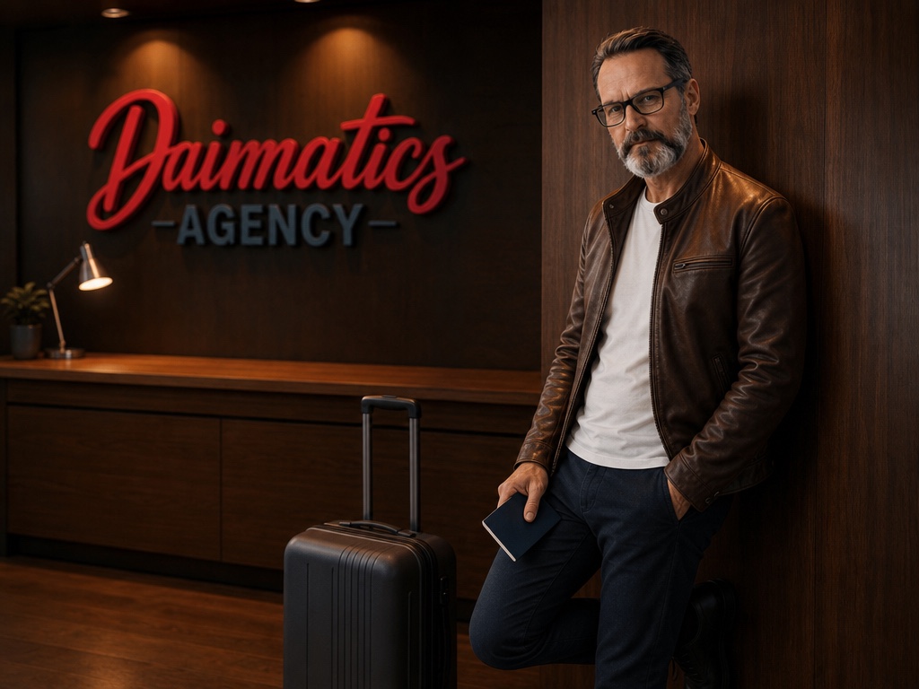 Ilustraci&oacute;n de David Nogu&eacute;s apoyado en la pared del despacho de Daimatics, con una maleta de cabina al lado
