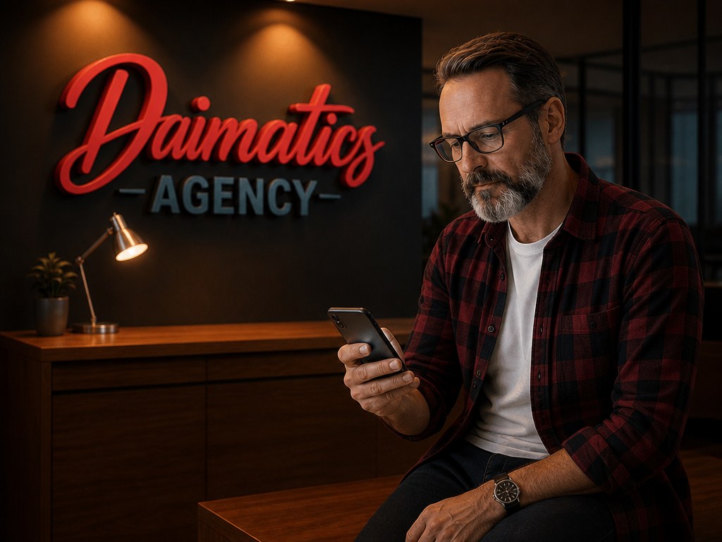 Ilustraci&oacute;n de David Nogu&eacute;s sentado en el despacho de Daimatics, revisando en el m&oacute;vil el perfil social de un negocio