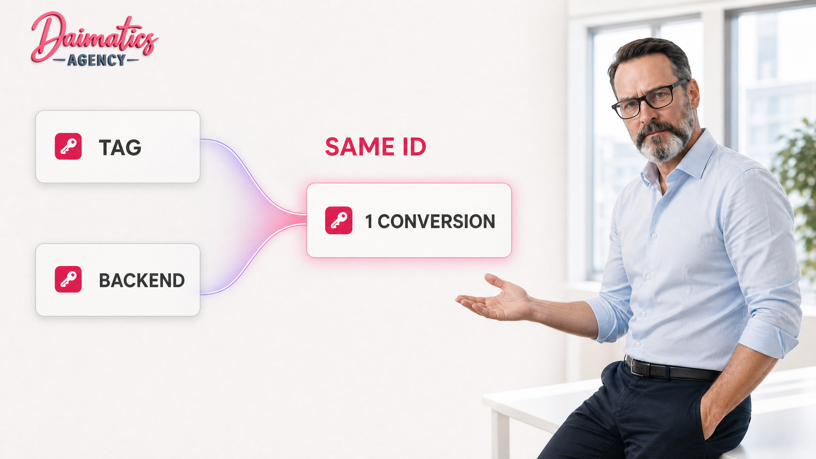 Dos fuentes de datos, la etiqueta del sitio web y el pedido del backend, que se fusionan en una sola conversi&oacute;n cuando comparten el mismo identificador de transacci&oacute;n