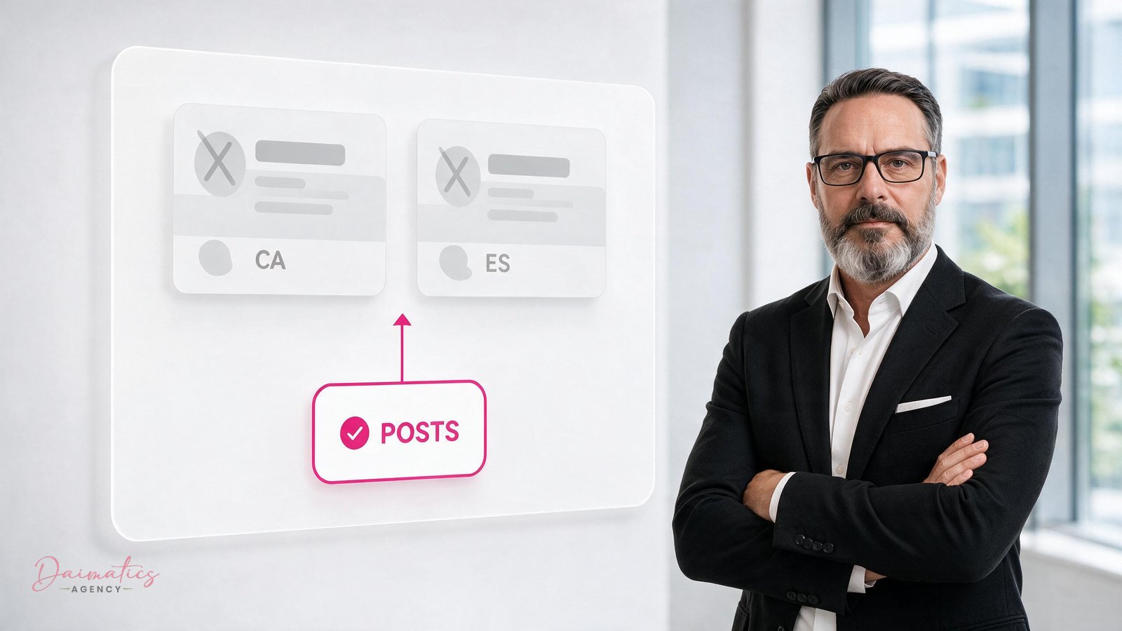 Dos fichas de Google, una en catal&aacute;n y una en castellano, con el nombre del negocio tachado, y una tarjeta de publicaciones con doble marca de verificaci&oacute;n