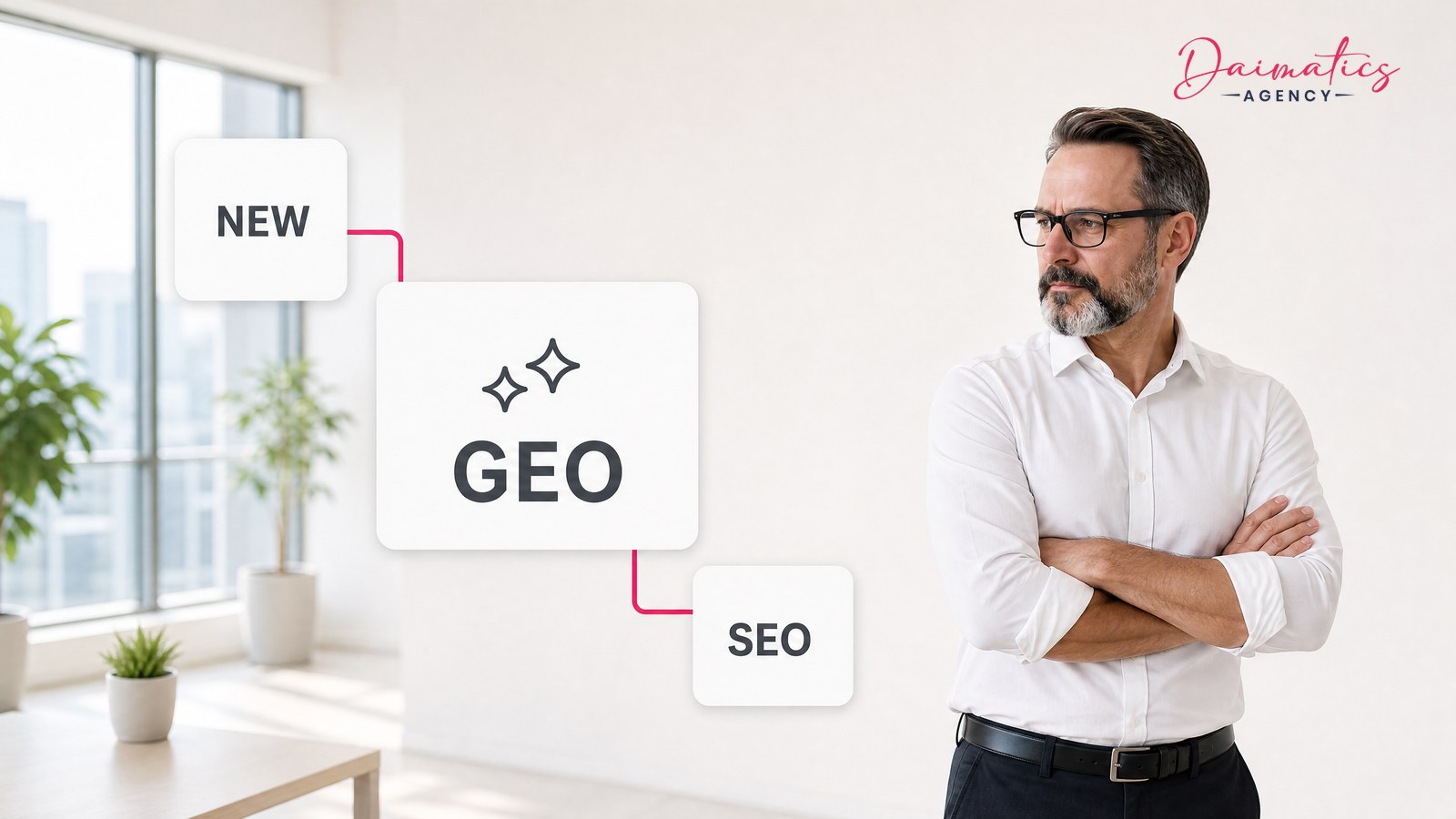 David Nogu&eacute;s, con camisa blanca, observa tres tarjetas flotantes con las etiquetas GEO, NEW y SEO, que representan qu&eacute; de una propuesta de GEO es nuevo y qu&eacute; es SEO de siempre