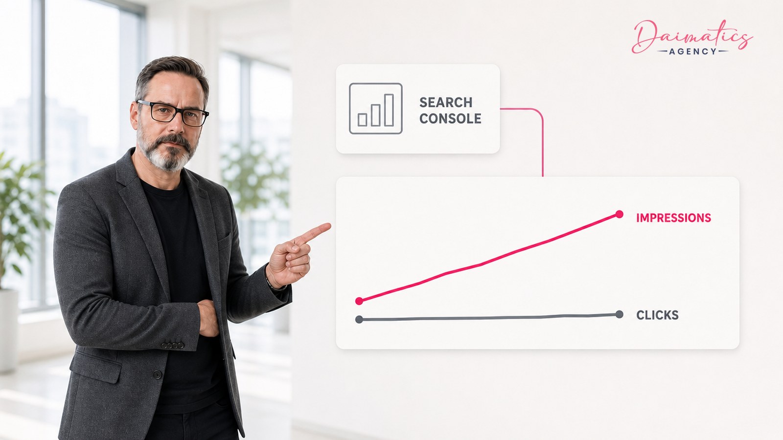 David Nogu&eacute;s, amb americana gris, assenyala una gr&agrave;fica de Search Console on les impressions pugen i els clics es mantenen plans
