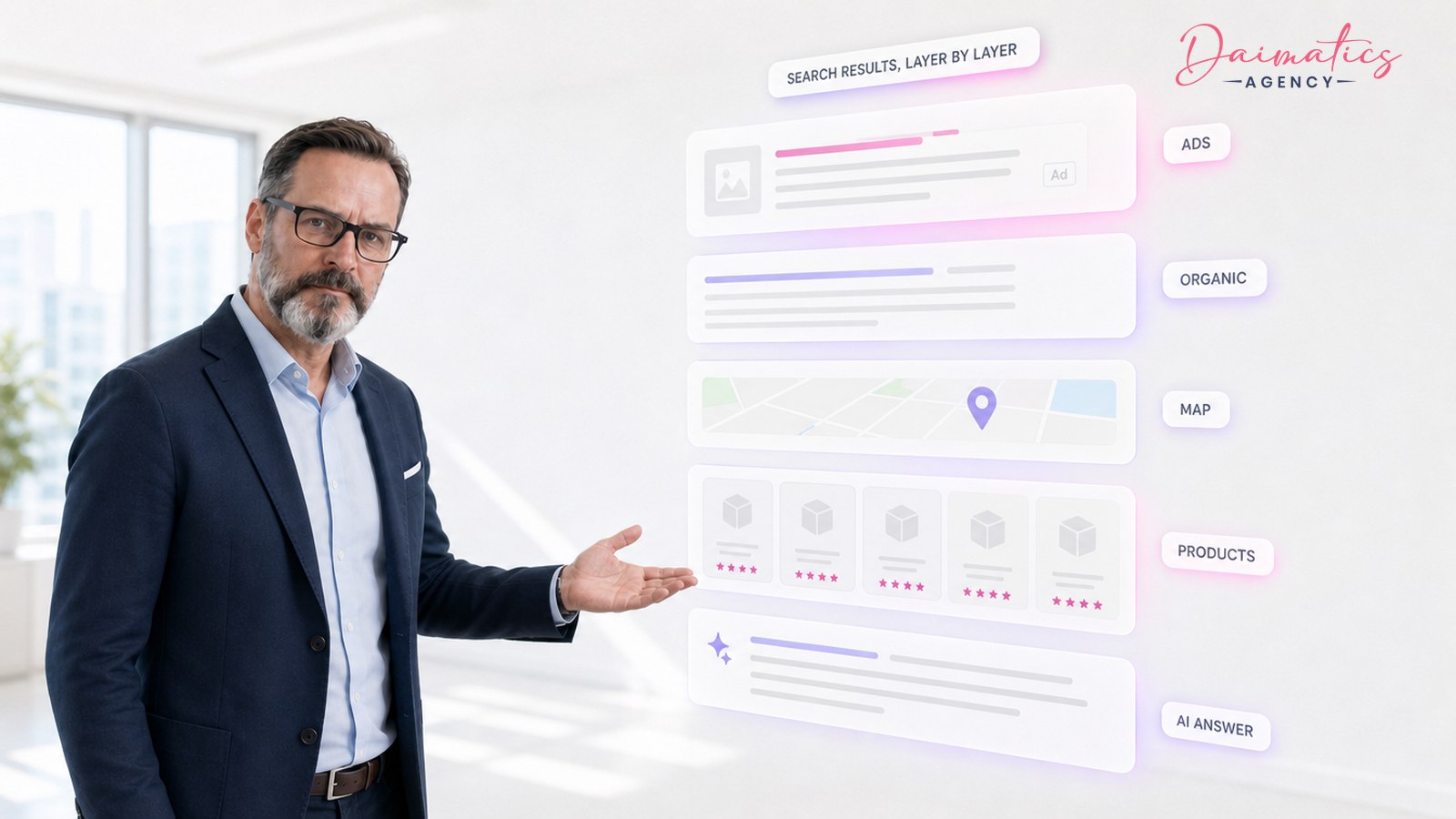 David Nogu&eacute;s se&ntilde;alando una pila de paneles de cristal que representan la p&aacute;gina de resultados de Google desmontada en capas: anuncios, enlaces org&aacute;nicos, mapa, fichas de producto y respuesta de IA