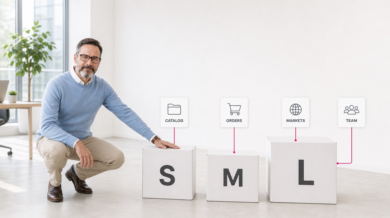 David Nogués agachado junto a tres cajas de tamaño creciente, con tarjetas de catálogo, pedidos, mercados y equipo que representan las medidas de una tienda PrestaShop