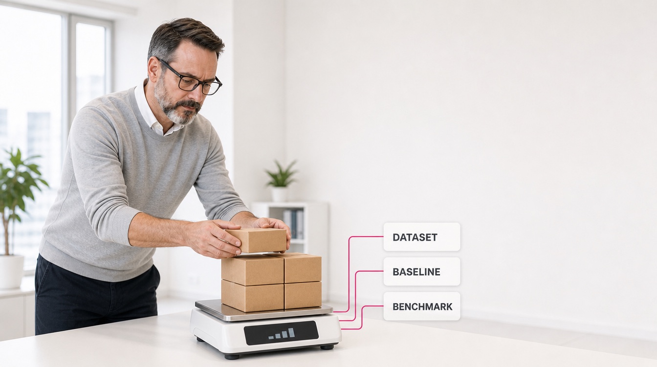 David Nogu&eacute;s inclinado poniendo cajas de producto sobre una b&aacute;scula de plataforma para representar la prueba de una tienda PrestaShop con el volumen real del cat&aacute;logo