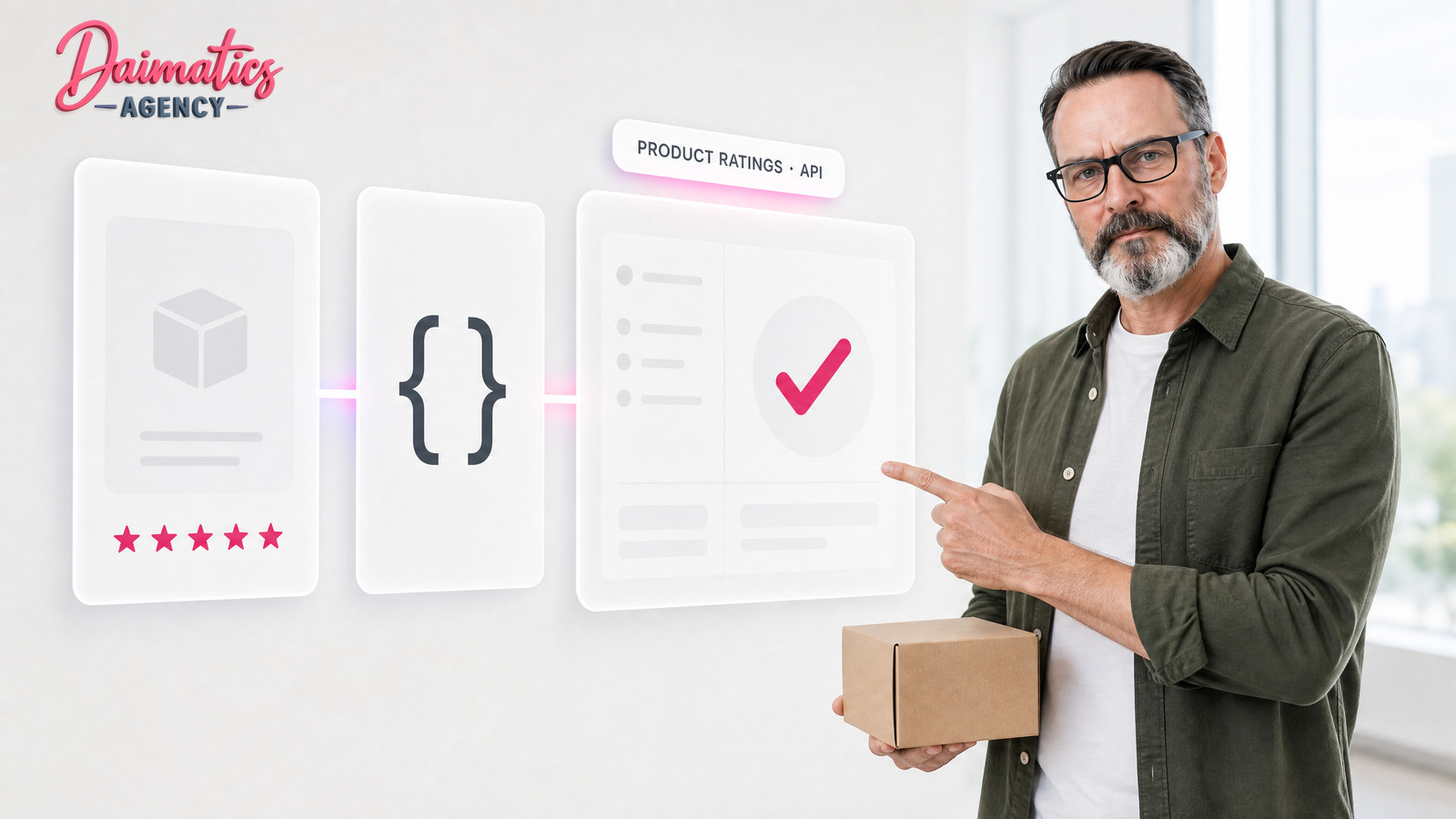 David Nogu&eacute;s sosteniendo una caja de producto junto a paneles de vidrio con una valoraci&oacute;n de estrellas y un flujo de rese&ntilde;as hacia Merchant Center