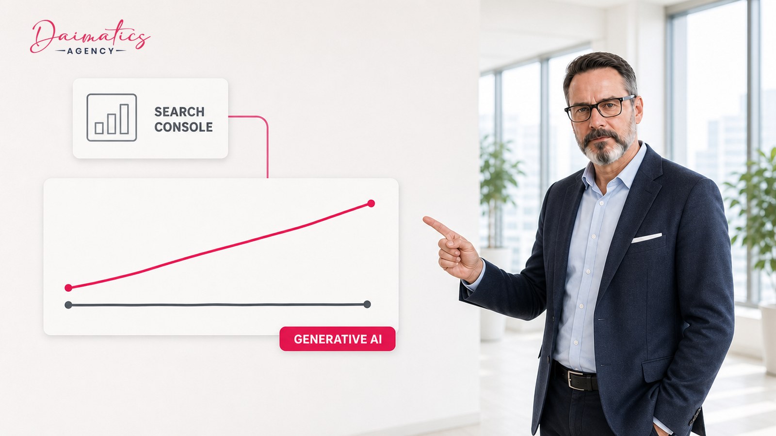 David Nogu&eacute;s se&ntilde;ala una gr&aacute;fica de dos l&iacute;neas con las etiquetas Search Console y Generative AI, la herramienta oficial para medir el rendimiento en las funciones de b&uacute;squeda generativa