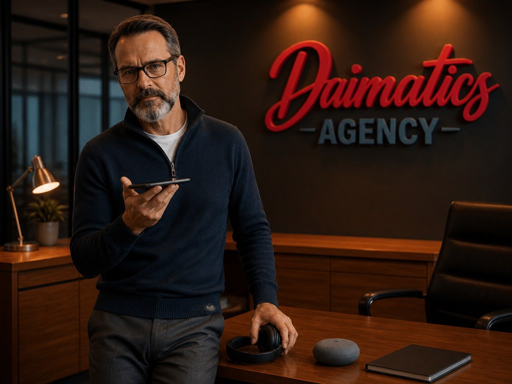 David Nogu&eacute;s al despatx de Daimatics escoltant una trucada amb el m&ograve;bil a la m&agrave;, per explicar com s'ha de sentir un agent de veu telef&ograve;nic amb IA