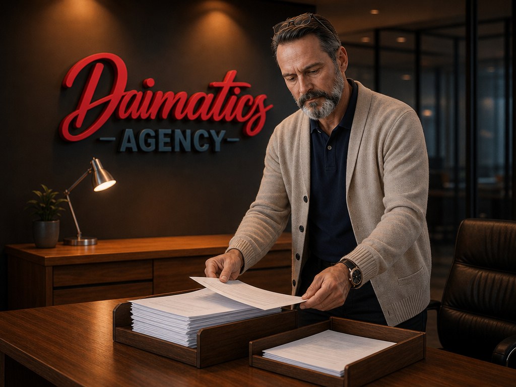 David Nogu&eacute;s al despatx de Daimatics separant una pila de factures en paper en dues safates, per explicar l'automatitzaci&oacute; de factures amb IA
