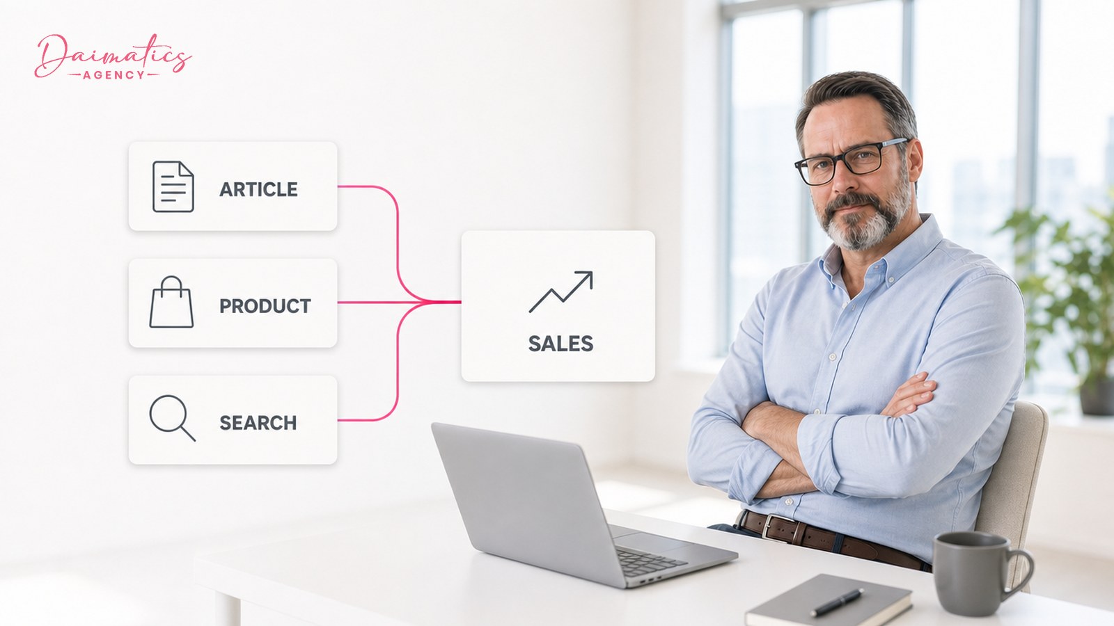 David Nogués delante de tarjetas ARTICLE, PRODUCT y SEARCH que llevan a una tarjeta SALES