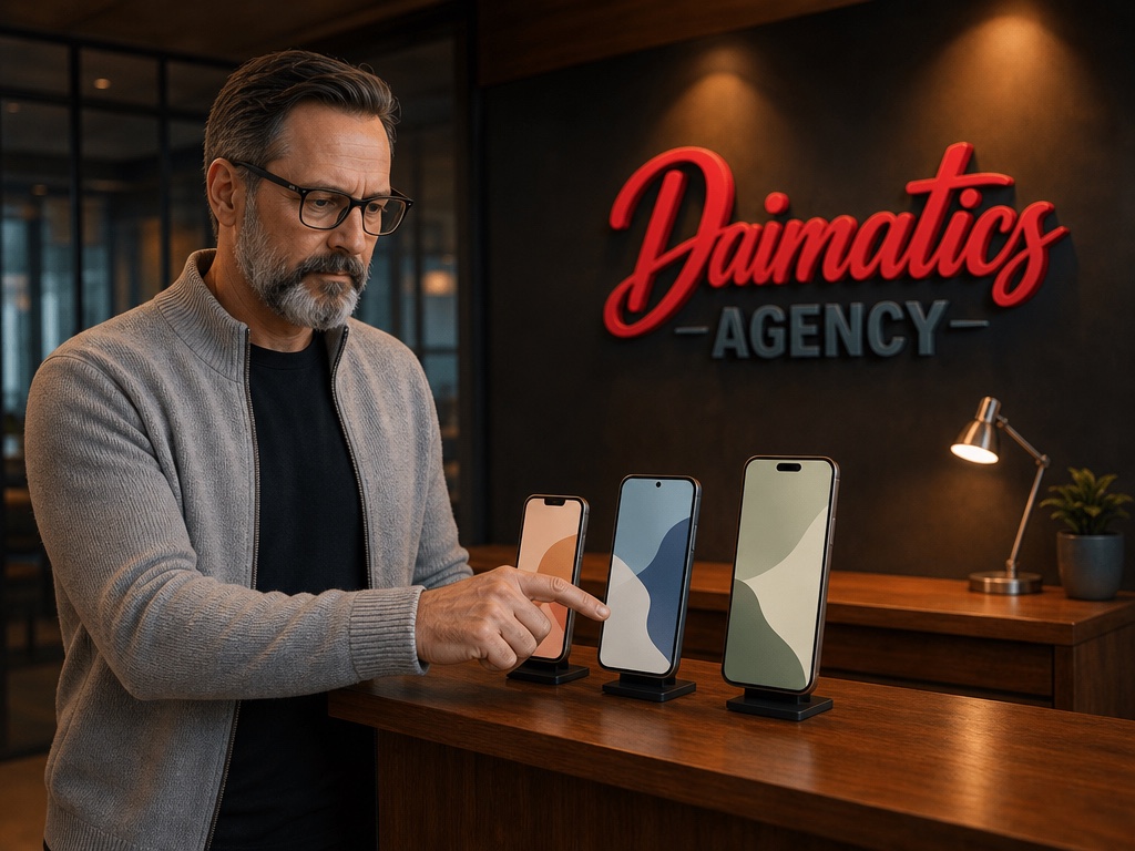 Ilustraci&oacute;n de David Nogu&eacute;s en el despacho de Daimatics, probando la misma app en tres tel&eacute;fonos m&oacute;viles colocados en soportes