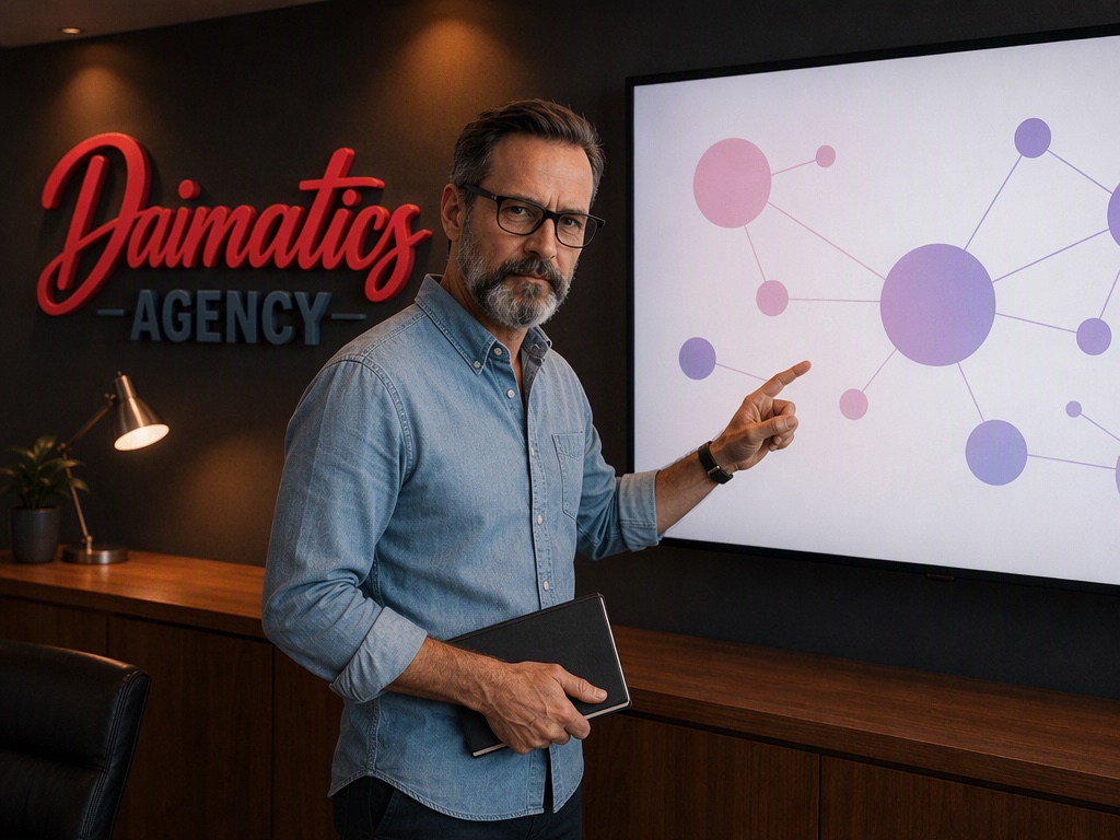 David Nogu&eacute;s, de Daimatics, assenyalant un esquema a la pantalla del despatx