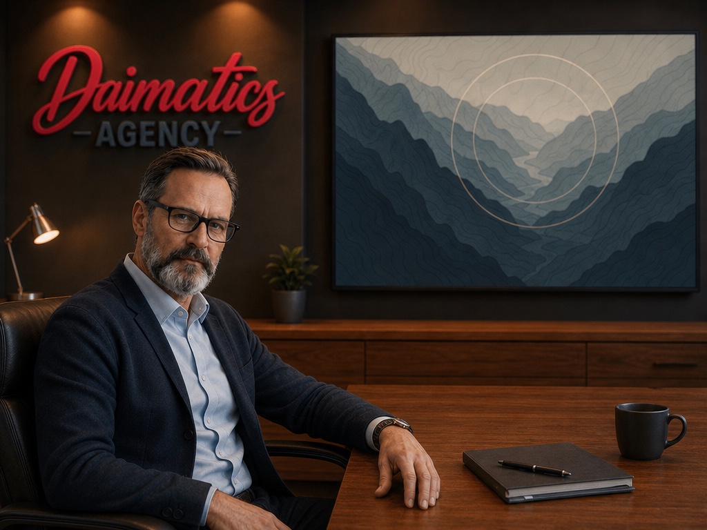 Ilustraci&oacute;n de David Nogu&eacute;s en el despacho de Daimatics, delante de una pantalla con un mapa
