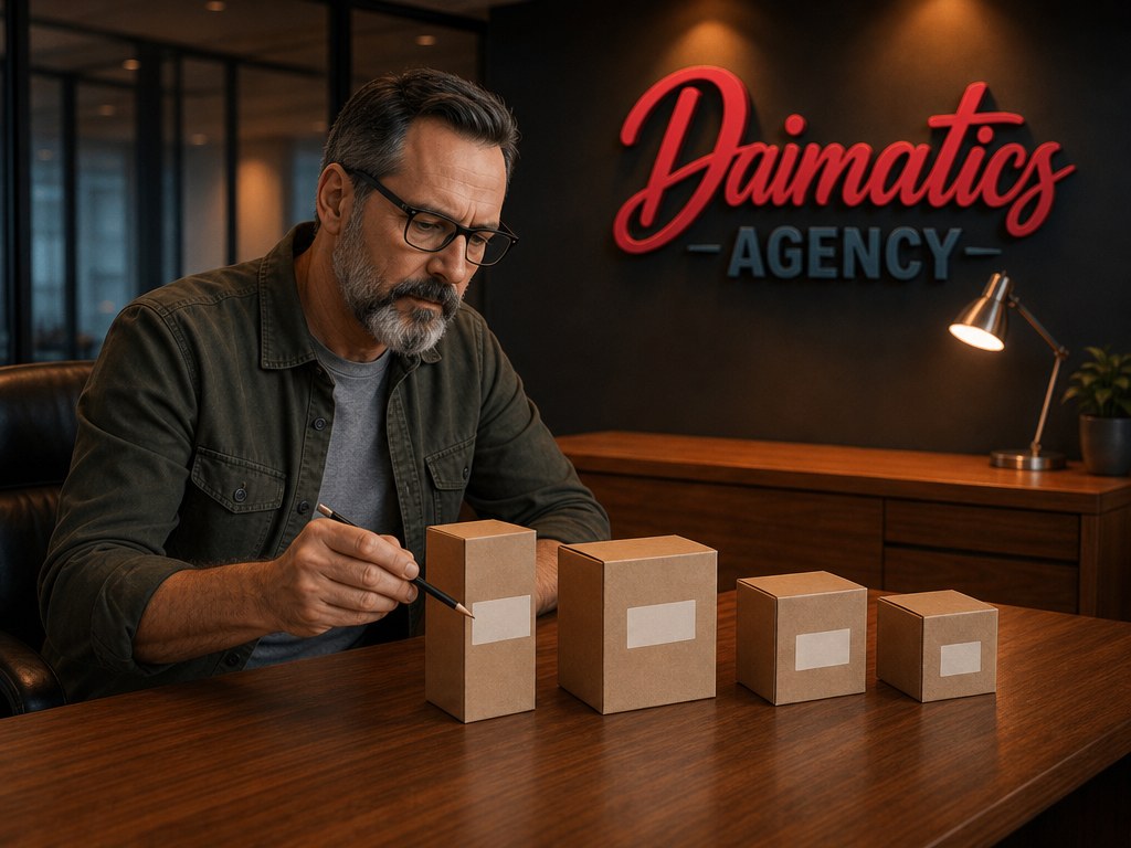 David Nogu&eacute;s al despatx de Daimatics revisant amb un llapis una fila de caixes de producte etiquetades, per explicar com es prepara un cat&agrave;leg per a Google Shopping