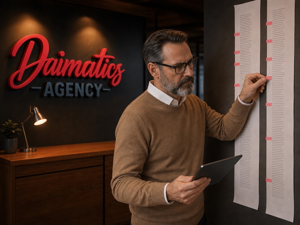 Ilustraci&oacute;n de David Nogu&eacute;s en el despacho de Daimatics, de pie delante de dos listas de direcciones impresas colgadas en la pared, marcando las que hay que conservar