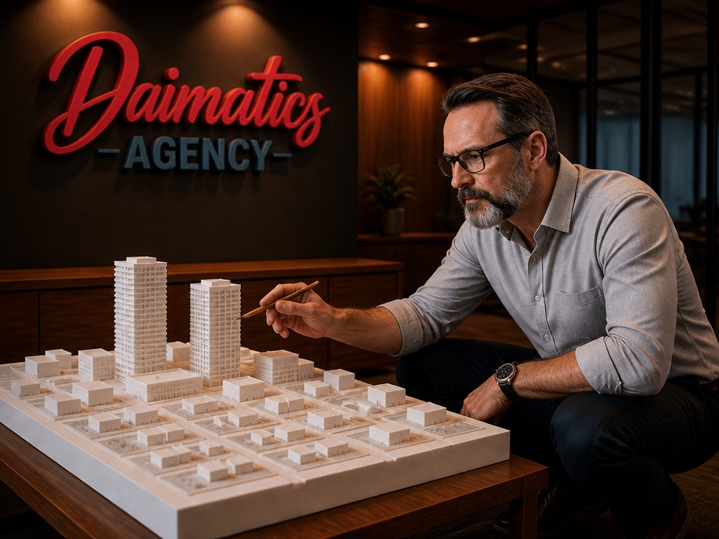 Il&middot;lustraci&oacute; de David Nogu&eacute;s al despatx, ajupit a l'altura d'una maqueta blanca de carrers amb blocs baixos i dues torres d'oficines, per explicar que a l'Hospitalet conviuen el client del barri i el de l'empresa
