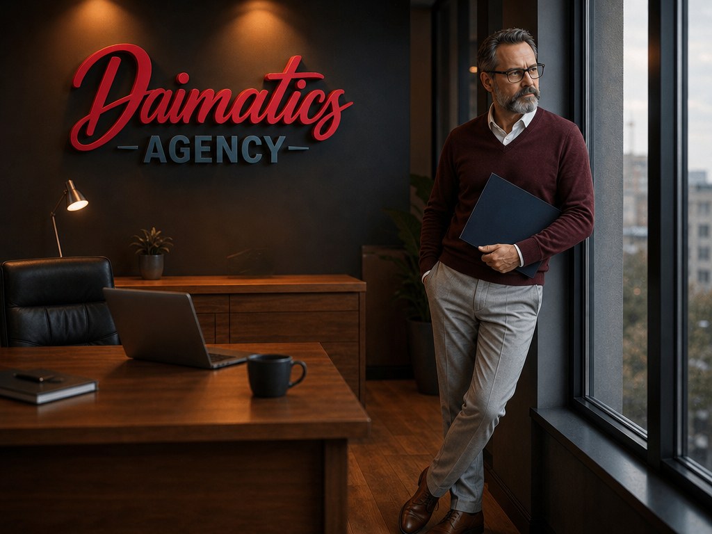 David Nogu&eacute;s al despatx de Daimatics recolzat a la finestra amb una carpeta sota el bra&ccedil;, per explicar el SEO per a empreses de Martorell